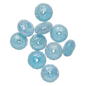Bead, lampworked glass, translucent sky blue AB, 15x8mm textured rondelle. Sold per pkg of 10.
