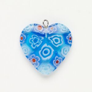 Focal 1pkg1 silver-finished steel and millefiori glass, translucent and transparent multicolored, 24-25mm puffed heart.