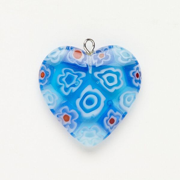 Focal 1pkg1 silver-finished steel and millefiori glass, translucent and transparent multicolored, 24-25mm puffed heart. image number 0