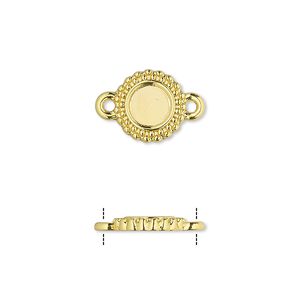 Link, gold-finished brass, 10.5mm single-sided beaded round with 6mm round setting. Sold per pkg of 10.