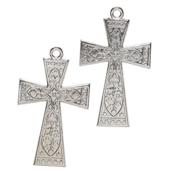 Focal, aluminum, pkg/2, 50x34mm single-sided cross with scroll pattern, silver finish. image number 0