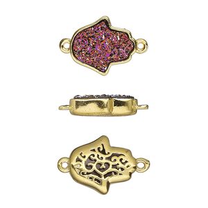 Link, Druzylite™, "druzy" (resin) and gold-finished brass, metallic purple, 14x12.5mm two-sided Hamsa hand with open filigree back. Sold per pkg of 4.