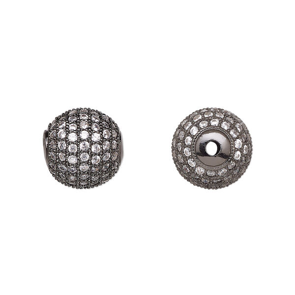Bead, cubic zirconia and black-finished brass, clear, 11.5mm textured round. Sold individually. image number 0