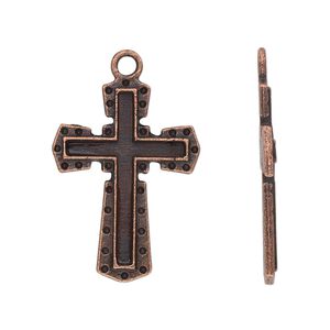 Drop, antique copper-plated "pewter" (zinc-based alloy), 28x20mm single-sided cross. Sold per pkg of 10.