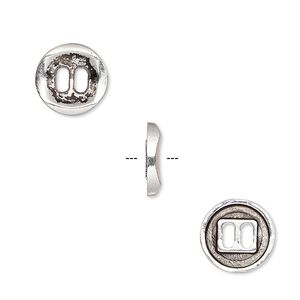 Button, antique silver-plated "pewter" (zinc-based alloy), 11mm single-sided concave flat round. Sold per pkg of 50.