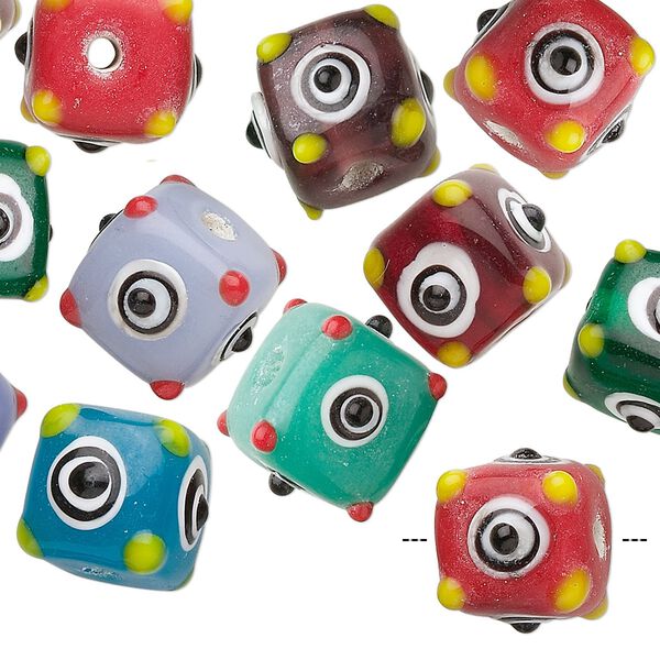 Bead, lampworked glass, opaque multicolored, 12mm bumpy cube. Sold per pkg of 10. image number 0