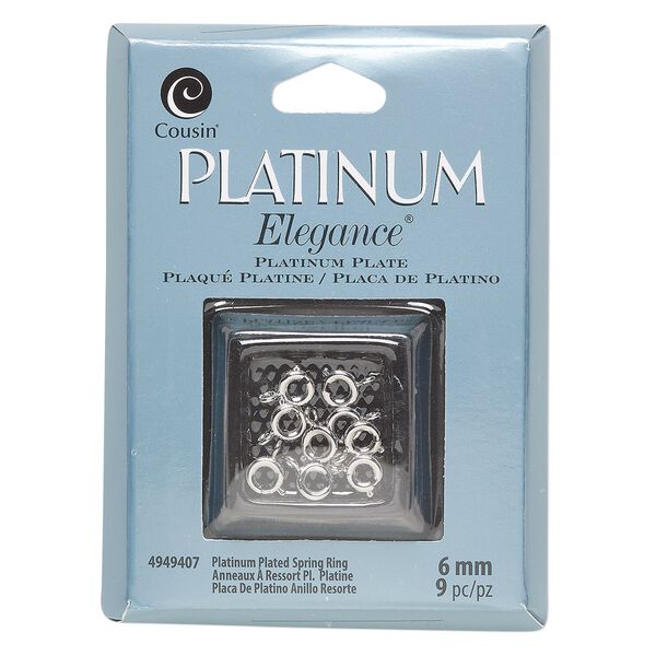 Clasp, springring, platinum-plated copper, 6mm. Sold per pkg of 9. image number 0