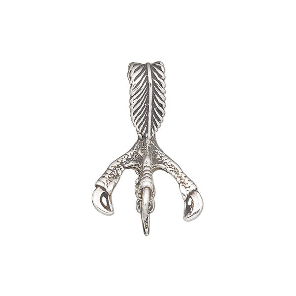 Pendant, antiqued sterling silver, 24x16mm 3D open talon with feather and 10mm round setting. Sold individually. image number 0