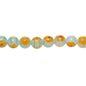 Bead, millefiori glass 1pkg1, translucent light aqua / orange / red, 6mm round, 15 inches.