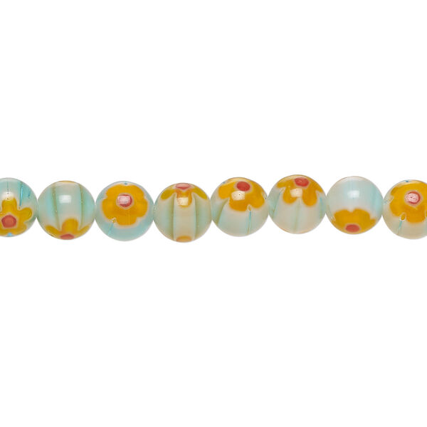 Bead, millefiori glass 1pkg1, translucent light aqua / orange / red, 6mm round, 15 inches. image number 0