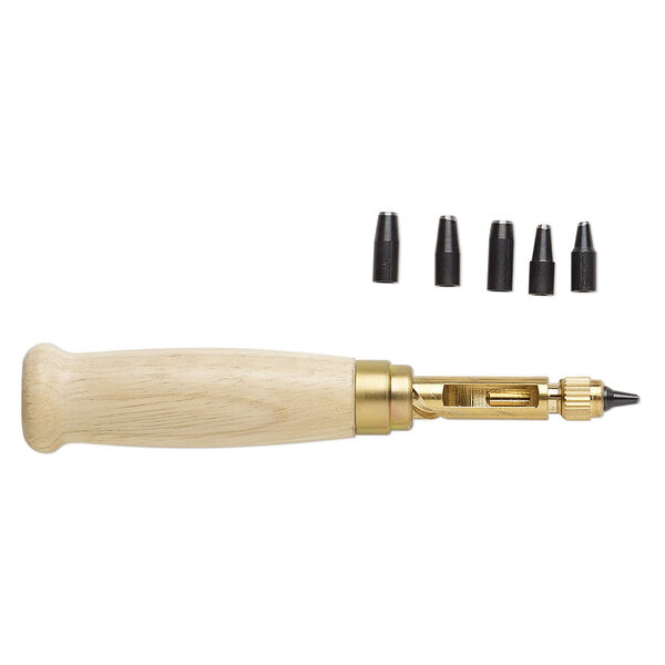 Hole punch, Japanese screw punch, brass / steel / wood, 5-1/4 inches with 1.75-4mm punch bits. Sold per 7-piece set. image number 0
