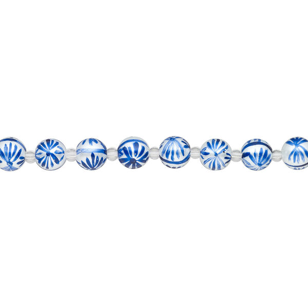 Bead, glass 1pkg8, opaque white and dark blue, 12mm hand-painted round. image number 1