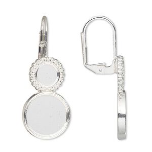 Ear wire leverback 1pkg10 Almost Instant Jewelry®, 37mm / 6mm and 12mm flat back round glue-in setting, silver-finished brass 5 pair