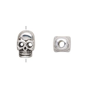 Bead, antique silver-finished "pewter" (zinc-based alloy),14x10mm double-sided skull. Sold per pkg of 6.