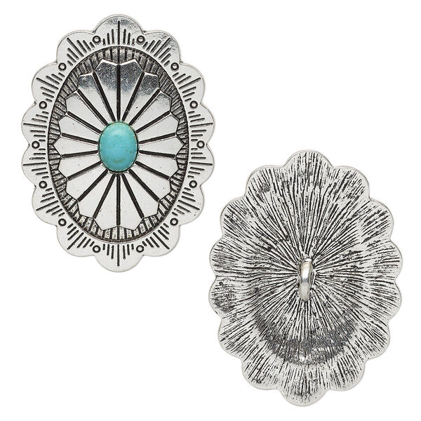 Button, "turquoise" (resin) (imitation) and antique silver-finished "pewter" (zinc-based alloy), turquoise blue, 44x32mm single-sided concho. Sold individually. image number 0