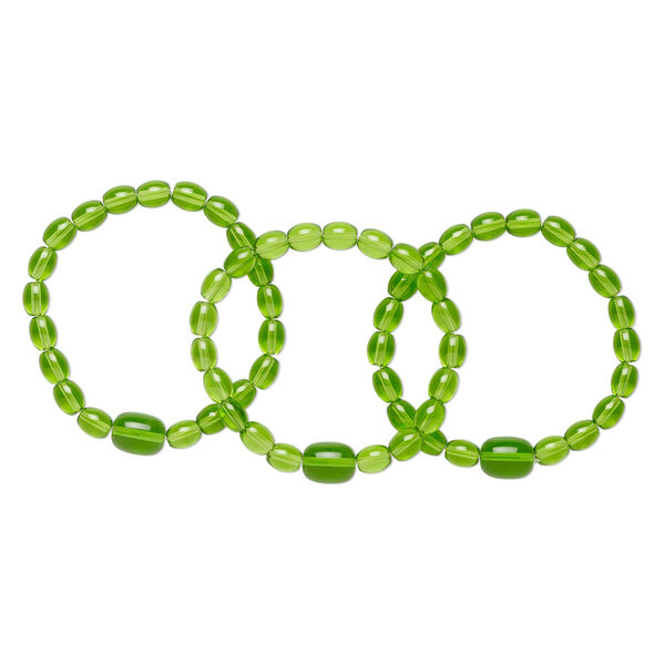 Bracelet, stretch, glass, green, 7-8 inches wearable length. Sold per pkg of 3. image number 0