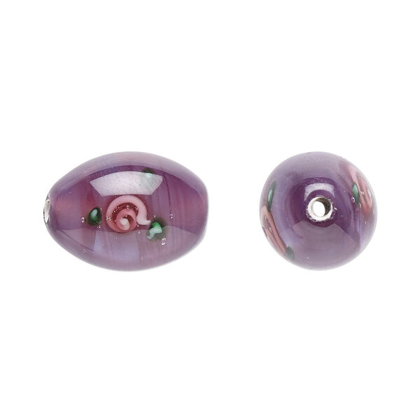 Bead, Czech lampworked glass, opaque purple / pink / green, 15x10mm-16x11mm olive with flower design. Sold per pkg of 2. image number 0