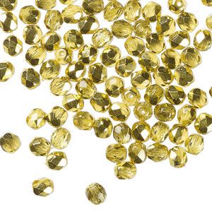 Bead, Czech fire-polished glass 1pkg100, clear with half-coat metallic yellow gold, 4mm faceted round.