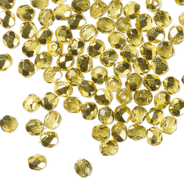 Bead, Czech fire-polished glass 1pkg100, clear with half-coat metallic yellow gold, 4mm faceted round. image number 0