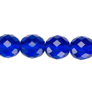 Bead, Czech fire-polished glass, pkg/15-1/2 to 16 inches, 12mm faceted round, transparent cobalt blue, (30080).