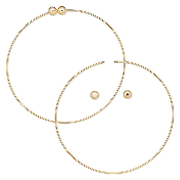 Bracelet, bangle, gold-plated brass, 1.5mm wide round with (2) 6mm twist-off bead ends, 9 inches. Sold individually. image number 0