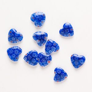 Bead, millefiori glass, pkg/10, translucent cobalt blue/red/white, 13-15mm half-drilled puffed heart.