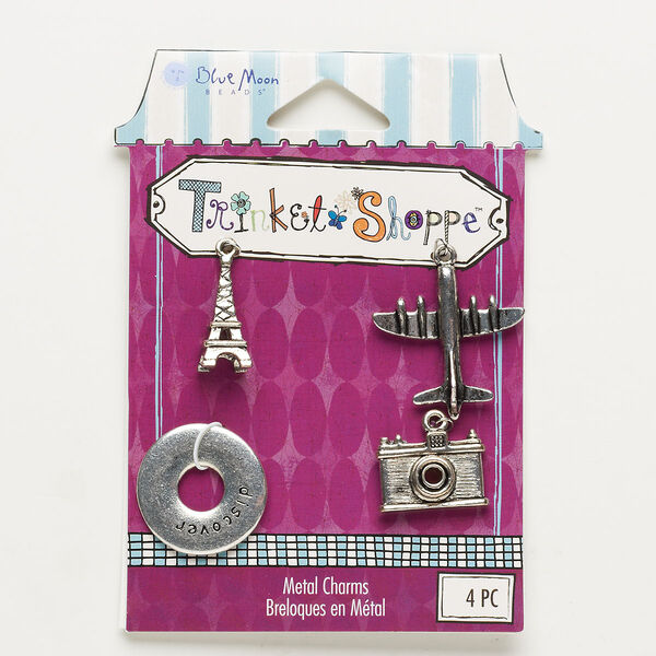 Charm, antique silver-finished "pewter" (zinc-based alloy), assorted travel designs. Sold per pkg of 4 charms. image number 0