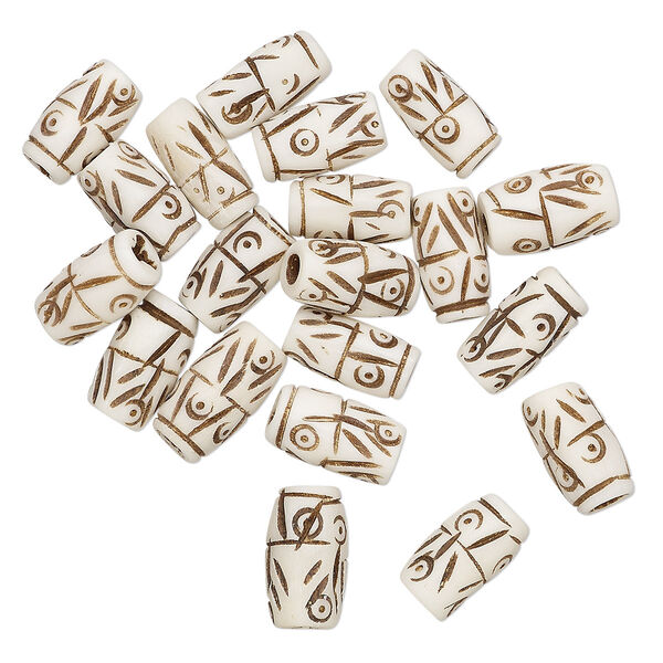 Bead, bone (natural), white and brown, 12x6mm carved barrel. Sold per pkg of 20. image number 0