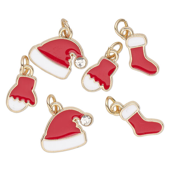 Charm assortment, gold-finished "pewter" (zinc-based alloy) and enamel, white / red / clear, Christmas shapes. Sold per pkg of 6. image number 0