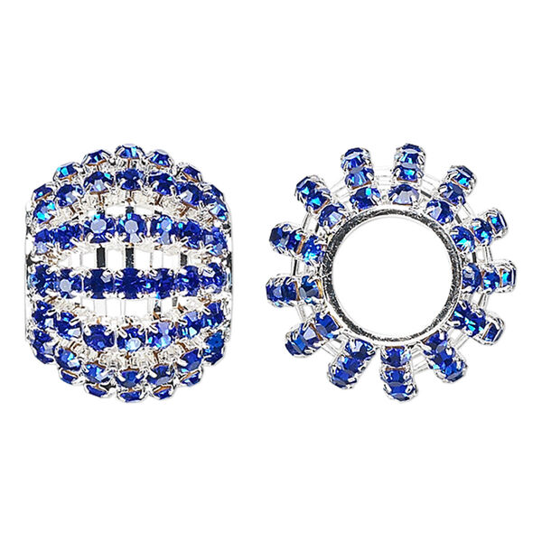 Bead, glass rhinestone and silver finish brass, cobalt, 25x20mm barrel with 3mm chatons, 11.5mm hole. Sold individually. image number 0