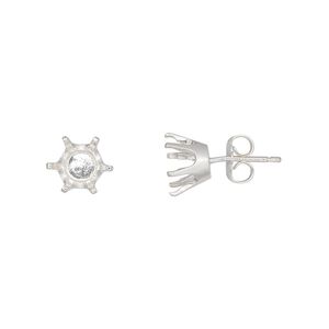 Earstud 1pkg2 Sure-Set™ sterling silver, 7mm round pre-notched 6-prong setting / earnuts, 1 pair