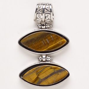 Pendant, silver-finished "pewter" (zinc-based alloy) / brass / tiger iron (natural), 50x30mm double flat marquise. Sold individually.