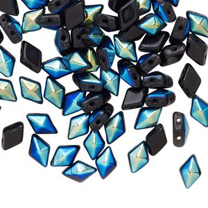 Bead, DiamonDuo™, Czech pressed glass, opaque jet AB, 8x5mm faceted diamond with flat back and (2) 0.7-0.8mm holes. Sold per 50-gram pkg, approximately 350 beads.