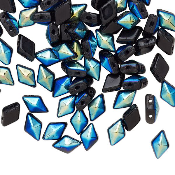 Bead, DiamonDuo™, Czech pressed glass, opaque jet AB, 8x5mm faceted diamond with flat back and (2) 0.7-0.8mm holes. Sold per 50-gram pkg, approximately 350 beads. image number 0