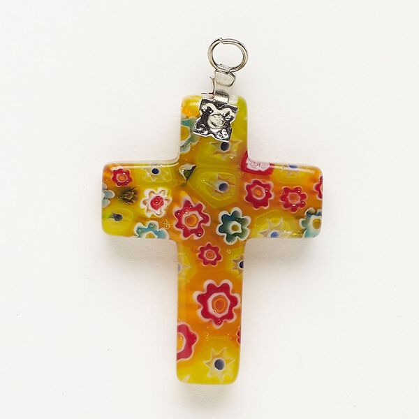 Focal 1pkg1 silver-finished steel and millefiori glass, translucent and transparent yellow and multicolored, 30x20mm-32x24mm cross. image number 0