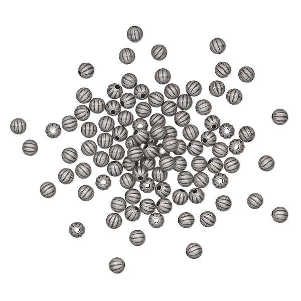 Bead, antique silver-plated brass, 4mm corrugated round. Sold per pkg of 100. image number 0