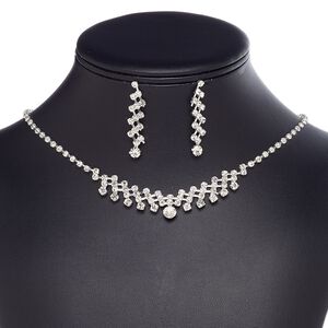 Necklace and earring set, glass rhinestone / plastic / imitation rhodium-plated brass / steel, clear, cupchain, 15" to 16" necklace with 3-inch extender chain and lobster claw clasp, 38mm earrings with post. Sold per set.