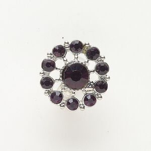 Bead, slide, brass and glass, pkg/1, 20mm flower, silver finish and purple.