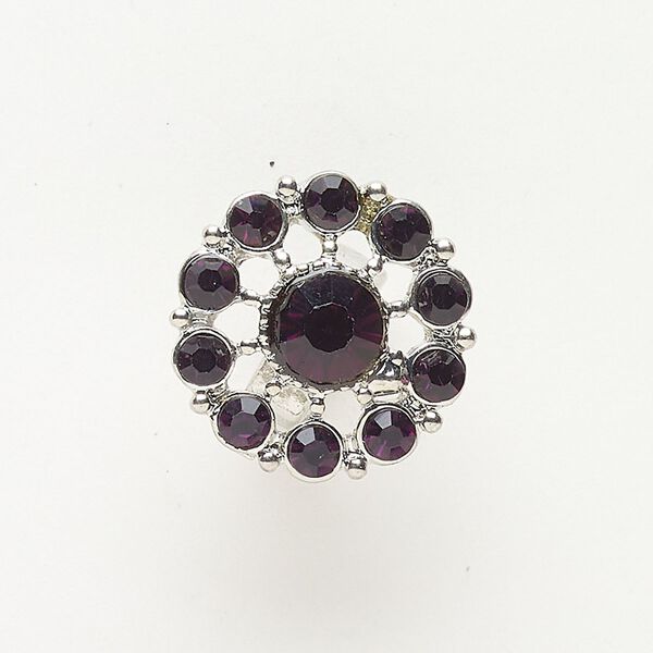 Bead, slide, brass and glass, pkg/1, 20mm flower, silver finish and purple. image number 0