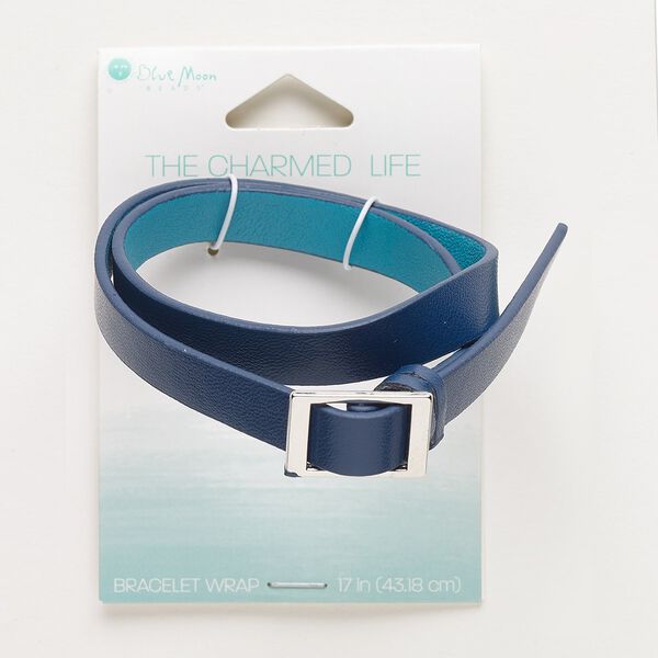 Bracelet, wrap, vinyl and silver-finished "pewter" (zinc-based alloy), blue and teal, 10mm wide with textured design, adjustable up to 17 inches. Sold individually. image number 0