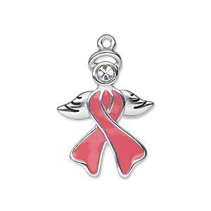 Charm, enamel / crystals / silver-plated "pewter" (zinc-based alloy), pink / black / crystal clear, 27x20mm awareness ribbon angel. Sold individually.