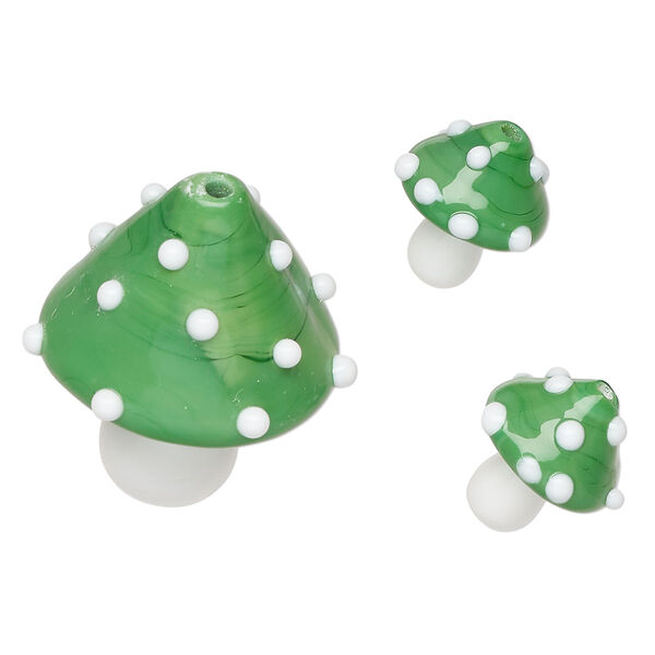 Bead, lampworked glass, opaque green and white, 31x25mm and 15x13mm mushroom. Sold per pkg of 3. image number 0