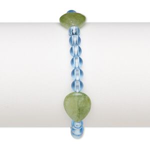 Bracelet, stretch, quartz (dyed) and acrylic, light blue and light green, 5mm round and 17x13mm-18x13mm flat teardrop, 7 inches. Sold individually.