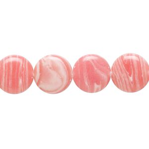 Bead, resin, white and pink, 12mm flat round. Sold per 15" to 16" strand.