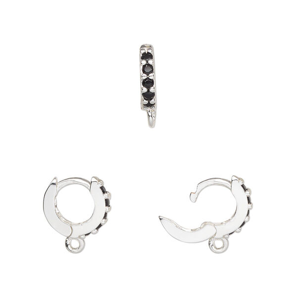 Hoop, silver-finished brass and glass, black, 11mm hoop, 18 gauge. Sold per pair. image number 0