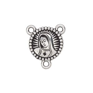 Connector, TierraCast®, antique silver-plated pewter, 16.5mm 2-sided rosary round with Our Lady and rose. Sold individually.