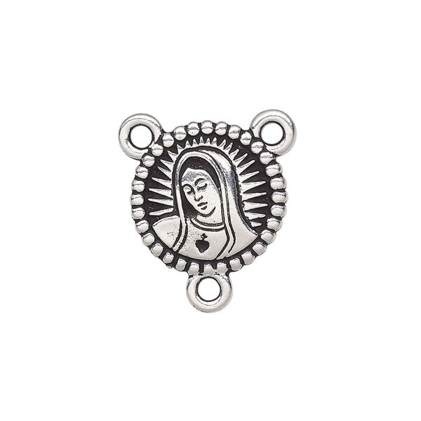 Connector, TierraCast®, antique silver-plated pewter, 16.5mm 2-sided rosary round with Our Lady and rose. Sold individually. image number 0