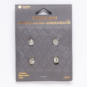 Slide, glass / gold- / silver-finished "pewter" (zinc-based alloy), clear, 8x7mm oval with 6.5mm hole. Sold per pkg of 4.