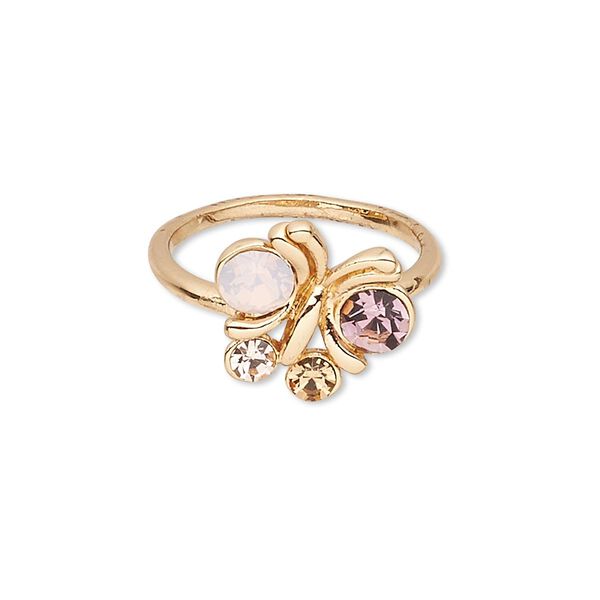 Ring, Czech glass rhinestone and gold-finished "pewter" (zinc-based alloy), pink / purple / light yellow, 15x14mm butterfly, size 8. Sold individually. image number 0