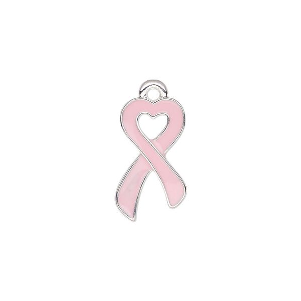 Charm, enamel and silver-finished "pewter" (zinc-based allow), pink, 18x10.5mm single-sided awareness ribbon heart. Sold per pkg of 2. image number 0